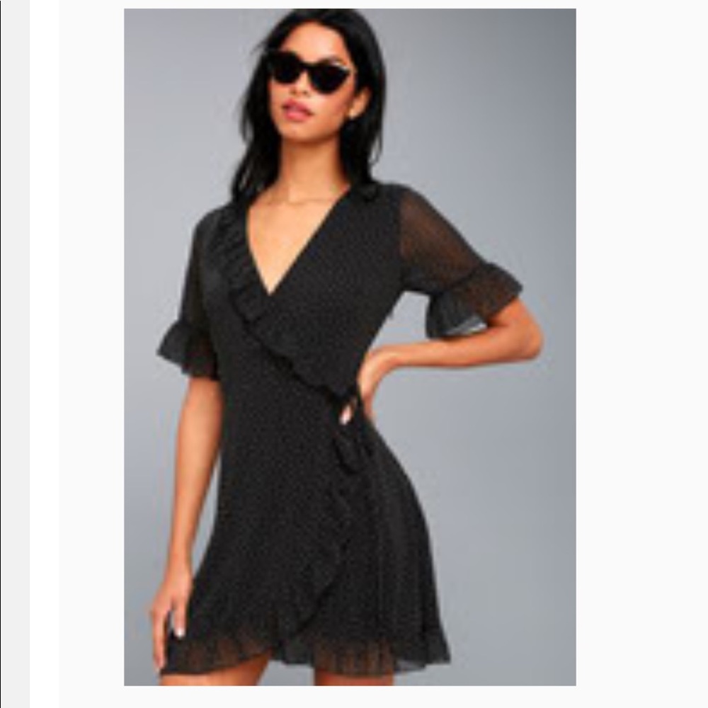 LuLu’s Sophronia black polka dot wrap dress